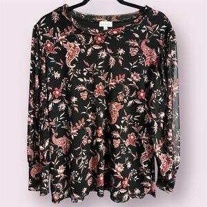 🎁 Kit + Sky Black Floral Paisley 3/4 Sleeve Top Sz Large Soft Stretch Blouse EUC